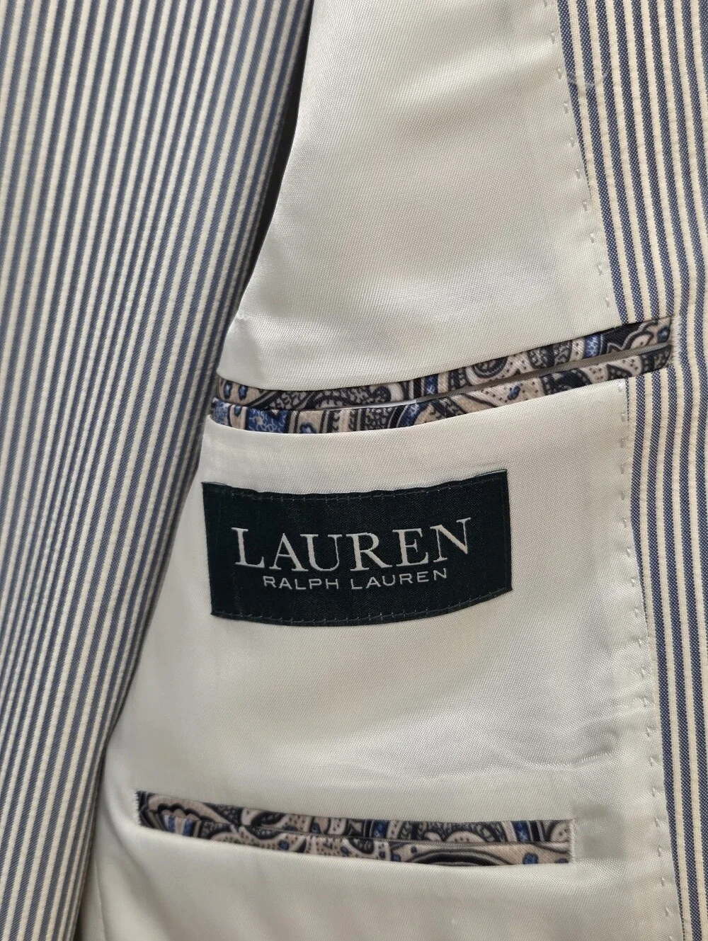 Lauren Ralph Lauren Seersucker Suit Mens 38R 32x32 Navy Cream Stripe 2Pc